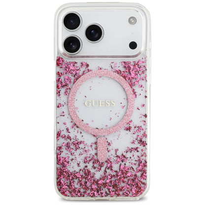Husa MagSafe pentru Apple iPhone 17 Pro Max, Guess, Resin Bottom Glitter, Roz