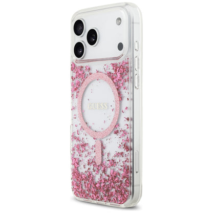 Husa MagSafe pentru Apple iPhone 17 Pro Max, Guess, Resin Bottom Glitter, Roz