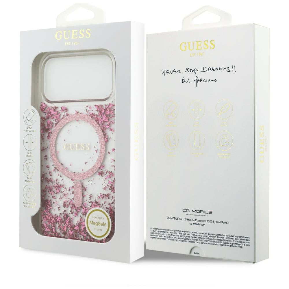 Husa MagSafe pentru Apple iPhone 17 Pro Max, Guess, Resin Bottom Glitter, Roz
