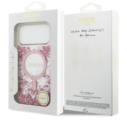 Husa MagSafe pentru Apple iPhone 17 Pro Max, Guess, Resin Bottom Glitter, Roz