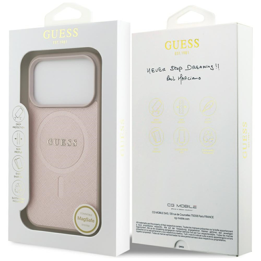 Husa MagSafe pentru Apple iPhone 17 Pro Max, Guess, Saffiano Classic Logo, Roz