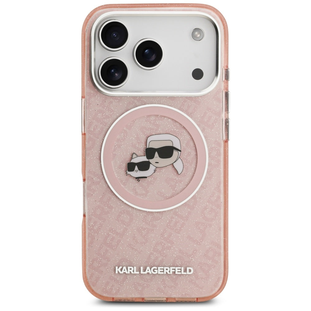 Husa MagSafe pentru Apple iPhone 17 Pro Max, Karl Lagerfeld, Glitter Karl & Choupette Head, Roz