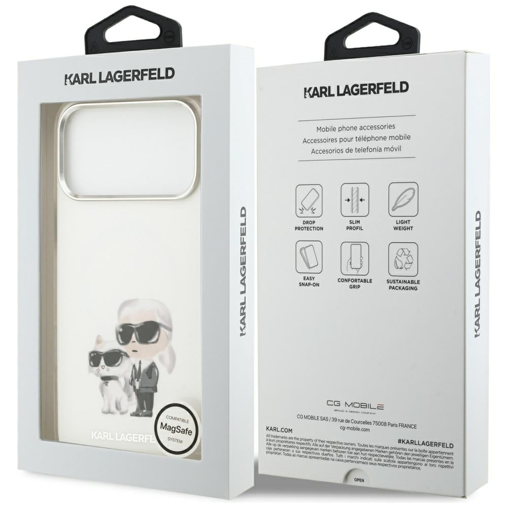 Husa MagSafe pentru Apple iPhone 17 Pro Max, Karl Lagerfeld, IML Aquarelle Logo Karl & Choupette, Alba