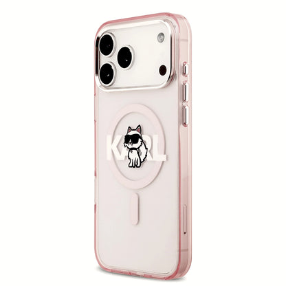 Husa MagSafe pentru Apple iPhone 17 Pro Max, Karl Lagerfeld, IML Sketch Logo Choupette, Roz