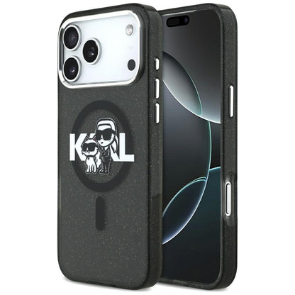 Husa MagSafe pentru Apple iPhone 17 Pro Max, Karl Lagerfeld, IML Sketch Logo Glitter Karl & Choupette , Neagra