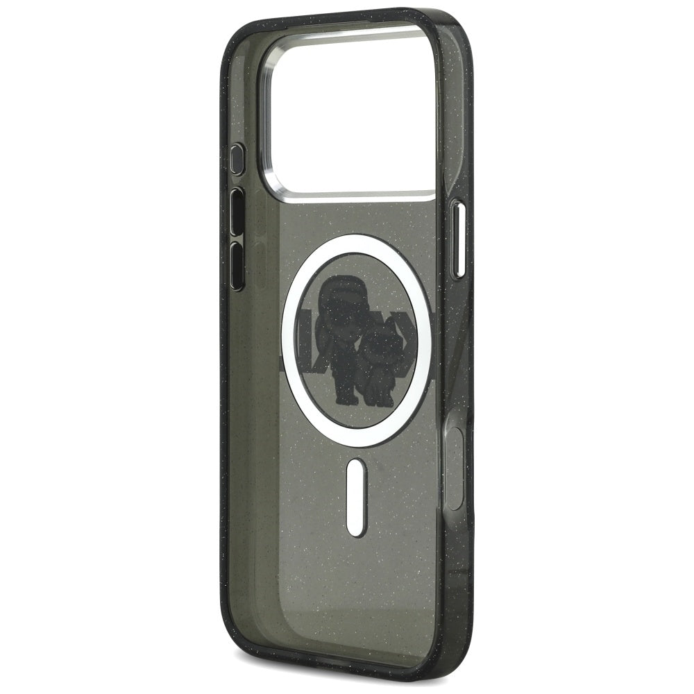 Husa MagSafe pentru Apple iPhone 17 Pro Max, Karl Lagerfeld, IML Sketch Logo Glitter Karl & Choupette , Neagra