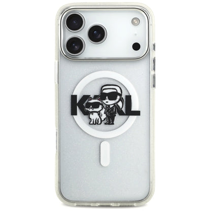 Husa MagSafe pentru Apple iPhone 17 Pro Max, Karl Lagerfeld, IML Sketch Logo Glitter Karl & Choupette, Transparenta