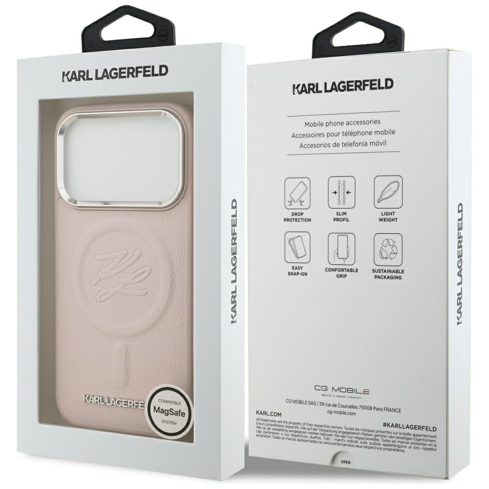 Husa MagSafe pentru Apple iPhone 17 Pro Max, Karl Lagerfeld, Initial & Metal Logo , Roz