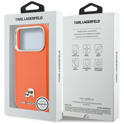 Husa MagSafe pentru Apple iPhone 17 Pro Max, Karl Lagerfeld, Karl & Choupette Head's Pin, Portocalie