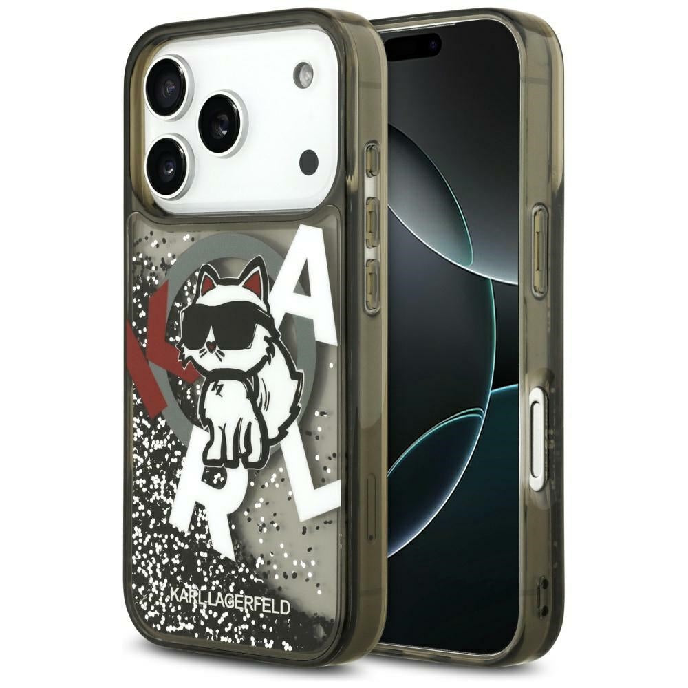 Husa MagSafe pentru Apple iPhone 17 Pro Max, Karl Lagerfeld, Liquid Glitter Logo Choupette, Neagra
