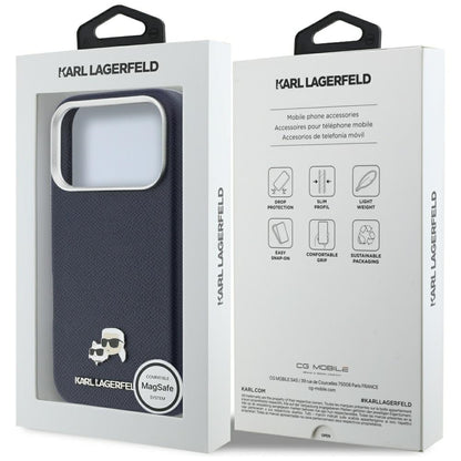 Husa MagSafe pentru Apple iPhone 17 Pro Max, Karl Lagerfeld, Saffiano Karl & Choupette Pins, Albastra