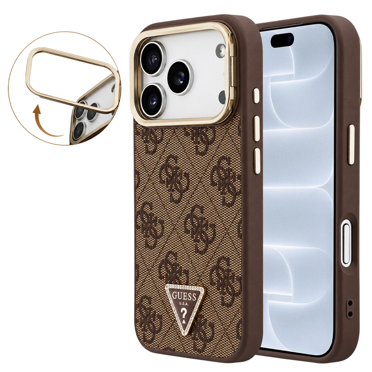 Husa MagSafe pentru Apple iPhone 18 Pro / 17 Pro, Guess, 4G Triangle Logo & Stand Camera, Maro