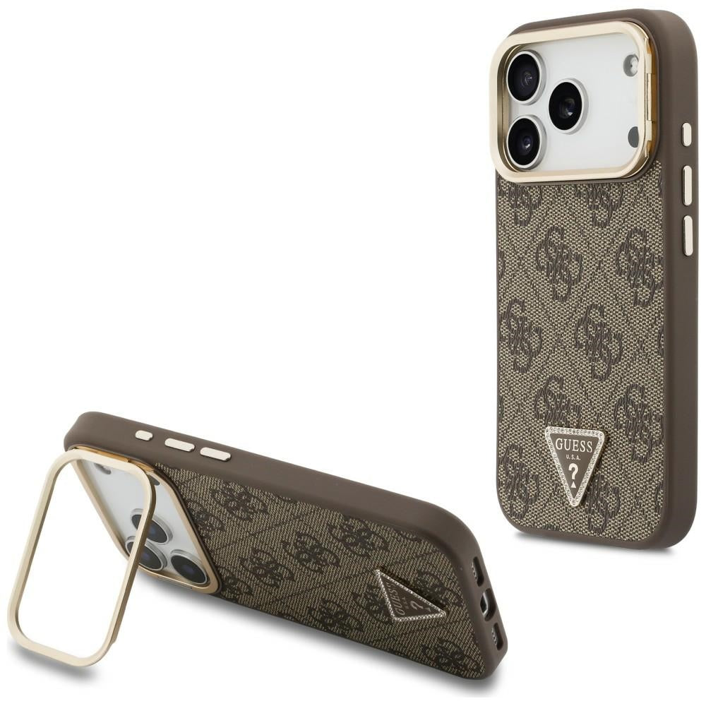 Husa MagSafe pentru Apple iPhone 18 Pro / 17 Pro, Guess, 4G Triangle Logo & Stand Camera, Maro