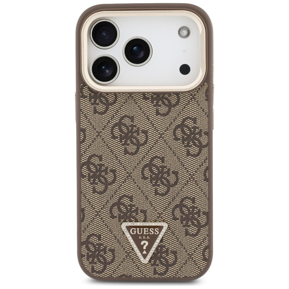 Husa MagSafe pentru Apple iPhone 18 Pro / 17 Pro, Guess, 4G Triangle Logo & Stand Camera, Maro