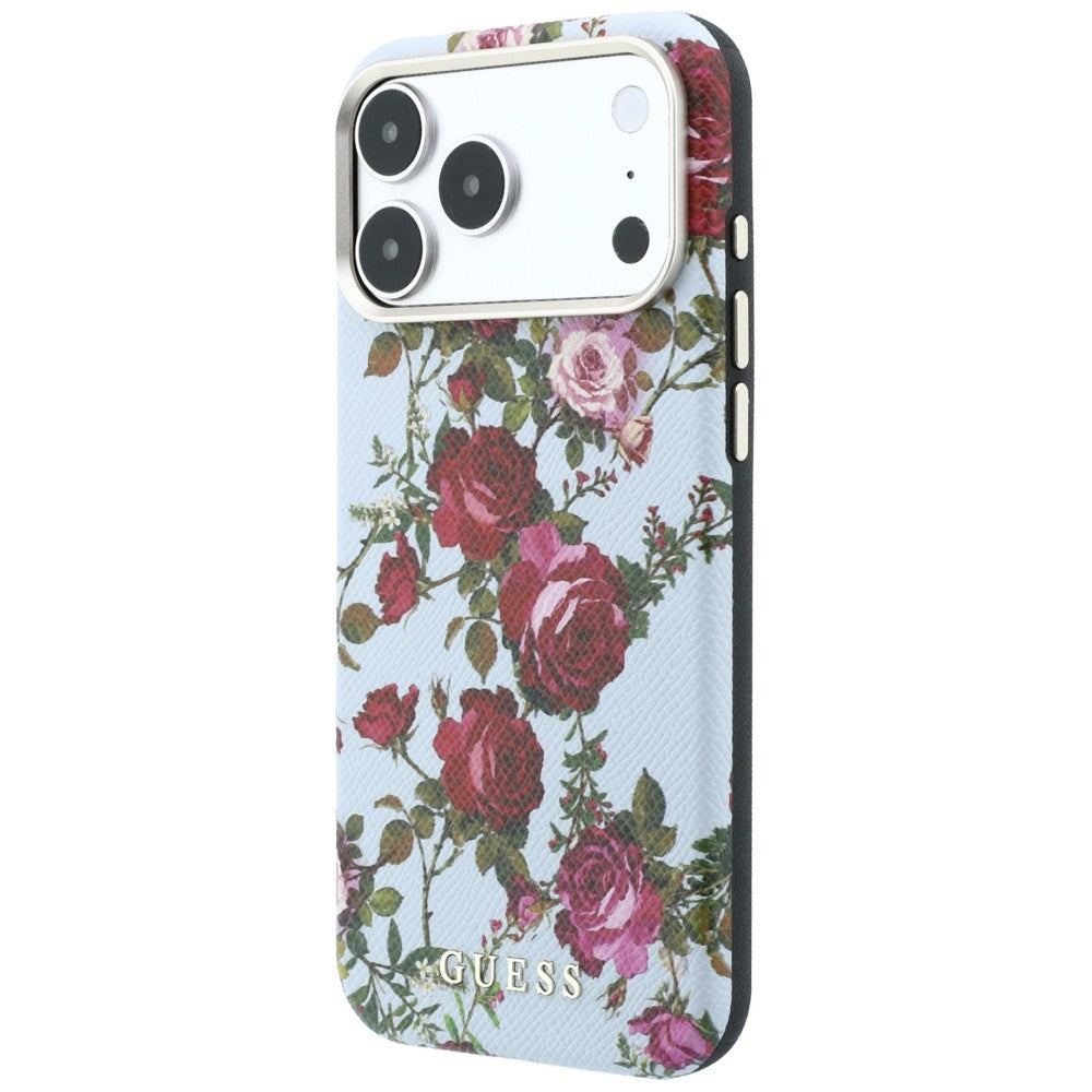 Husa MagSafe pentru Apple iPhone 18 Pro / 17 Pro, Guess, Blossom Roses Print, Bleu
