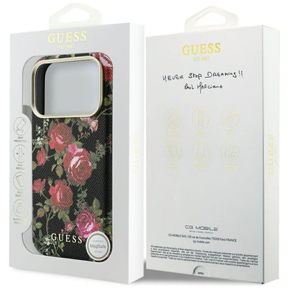 Husa MagSafe pentru Apple iPhone 18 Pro / 17 Pro, Guess, Blossom Roses Print, Neagra