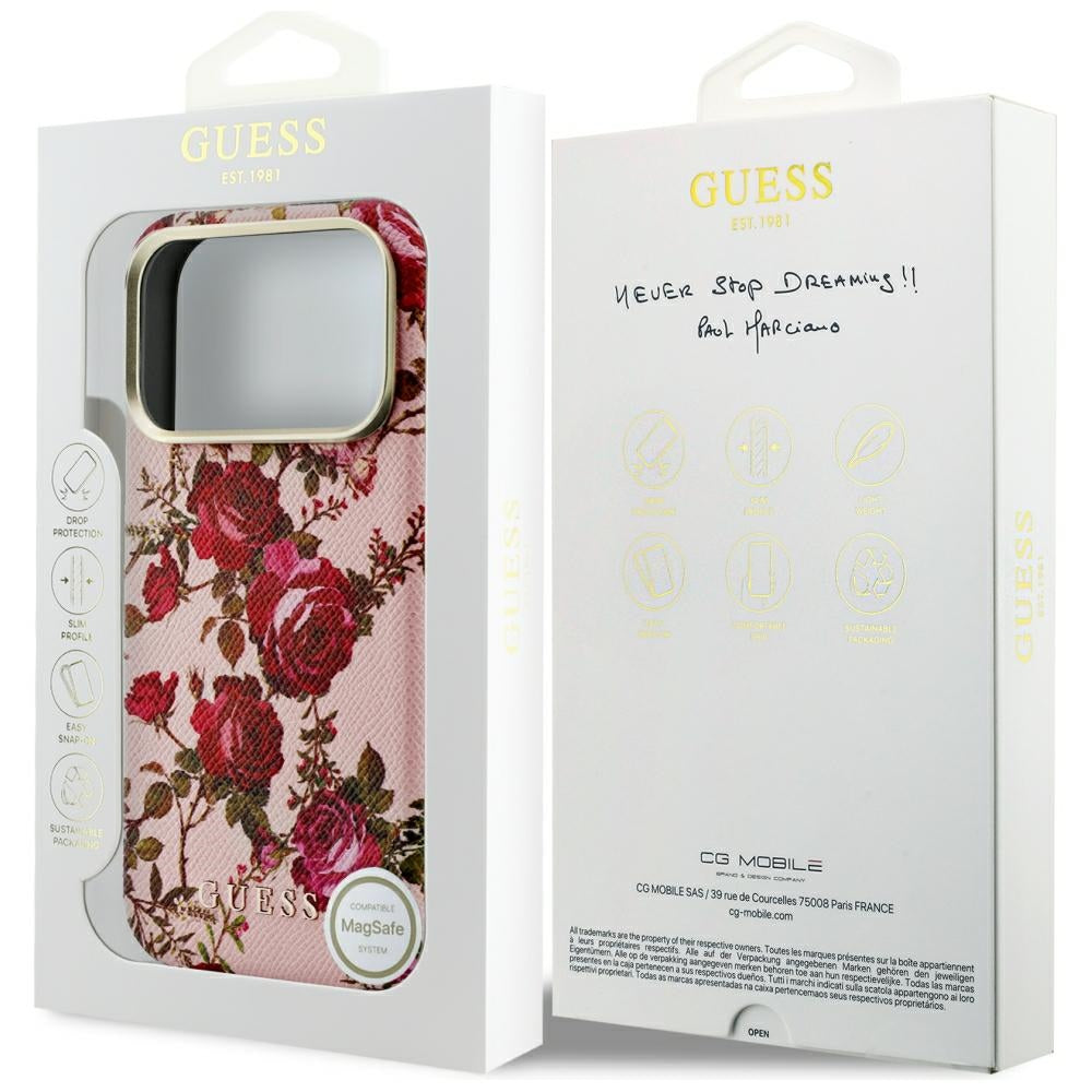 Husa MagSafe pentru Apple iPhone 18 Pro / 17 Pro, Guess, Blossom Roses Print, Roz