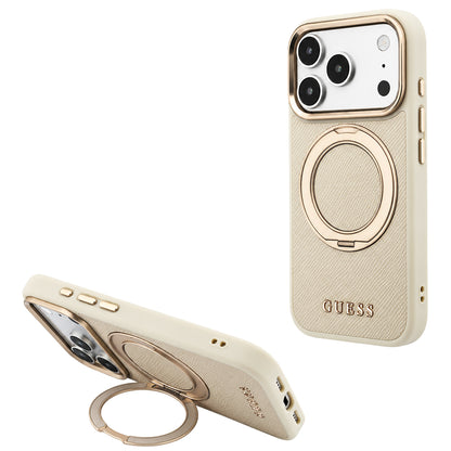 Husa MagSafe pentru Apple iPhone 18 Pro / 17 Pro, Guess, Grained Ring Stand 360 Classic, Bej