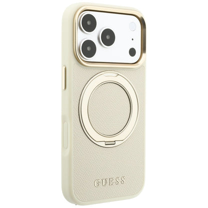 Husa MagSafe pentru Apple iPhone 18 Pro / 17 Pro, Guess, Grained Ring Stand 360 Classic, Bej