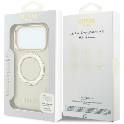 Husa MagSafe pentru Apple iPhone 18 Pro / 17 Pro, Guess, Grained Ring Stand 360 Classic, Bej