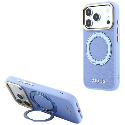 Husa MagSafe pentru Apple iPhone 18 Pro / 17 Pro, Guess, Grained Ring Stand 360 Classic, Bleu