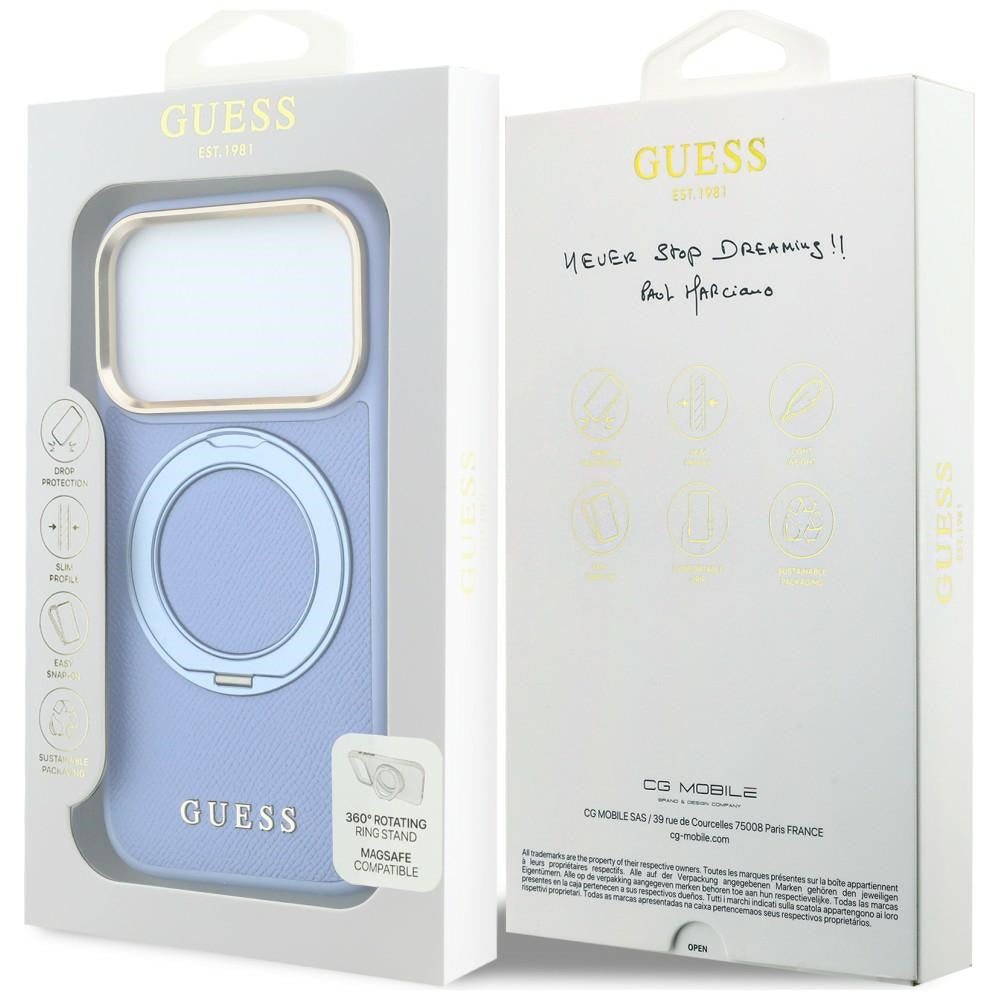 Husa MagSafe pentru Apple iPhone 18 Pro / 17 Pro, Guess, Grained Ring Stand 360 Classic, Bleu
