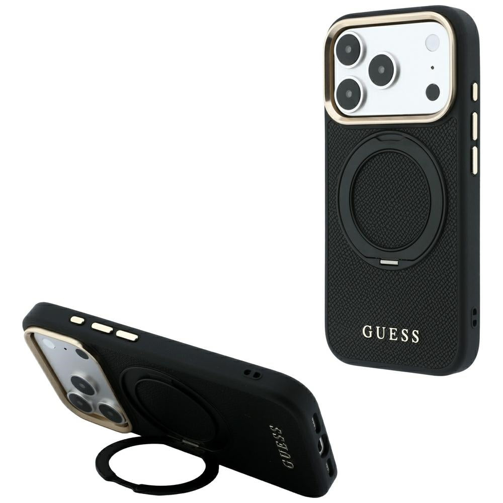 Husa MagSafe pentru Apple iPhone 18 Pro / 17 Pro, Guess, Grained Ring Stand 360 Classic, Neagra