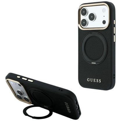 Husa MagSafe pentru Apple iPhone 18 Pro / 17 Pro, Guess, Grained Ring Stand 360 Classic, Neagra