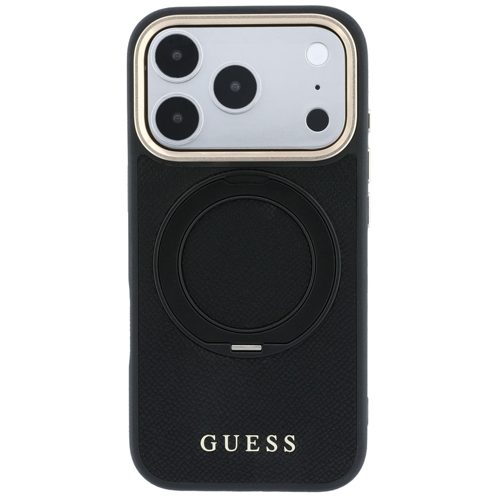 Husa MagSafe pentru Apple iPhone 18 Pro / 17 Pro, Guess, Grained Ring Stand 360 Classic, Neagra
