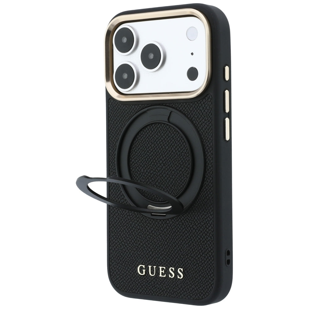 Husa MagSafe pentru Apple iPhone 18 Pro / 17 Pro, Guess, Grained Ring Stand 360 Classic, Neagra