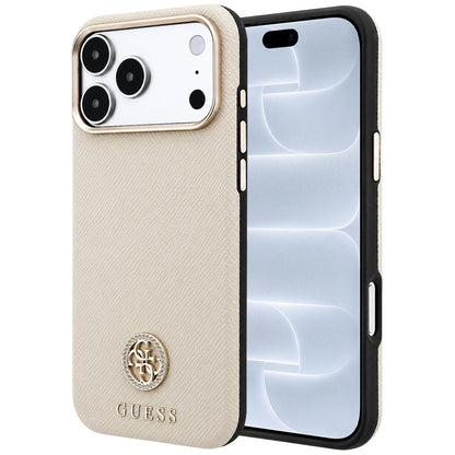 Husa MagSafe pentru Apple iPhone 18 Pro / 17 Pro, Guess, Grained Round Strass Logo, Bej
