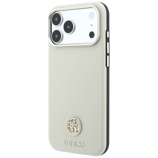 Husa MagSafe pentru Apple iPhone 18 Pro / 17 Pro, Guess, Grained Round Strass Logo, Bej