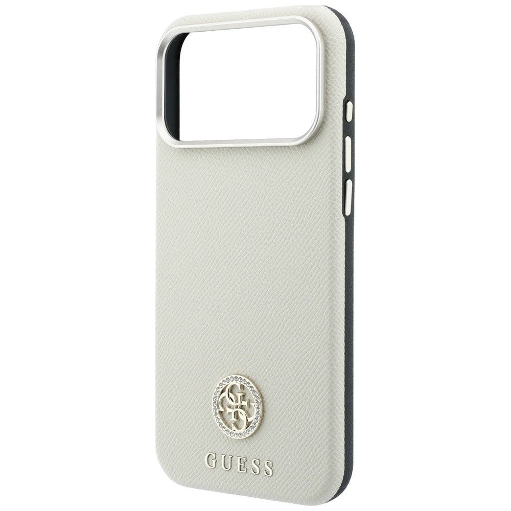 Husa MagSafe pentru Apple iPhone 18 Pro / 17 Pro, Guess, Grained Round Strass Logo, Bej
