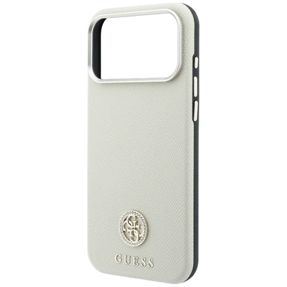 Husa MagSafe pentru Apple iPhone 18 Pro / 17 Pro, Guess, Grained Round Strass Logo, Bej
