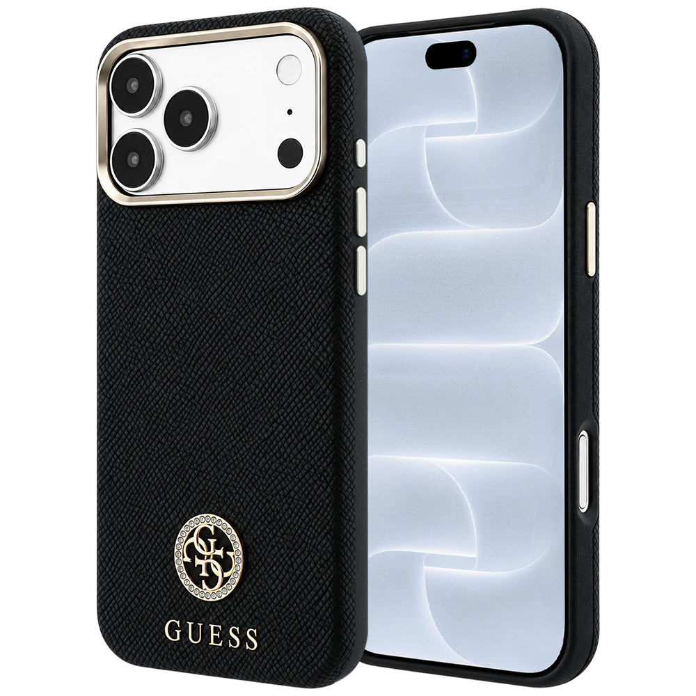 Husa MagSafe pentru Apple iPhone 18 Pro / 17 Pro, Guess, Grained Round Strass Logo, Neagra