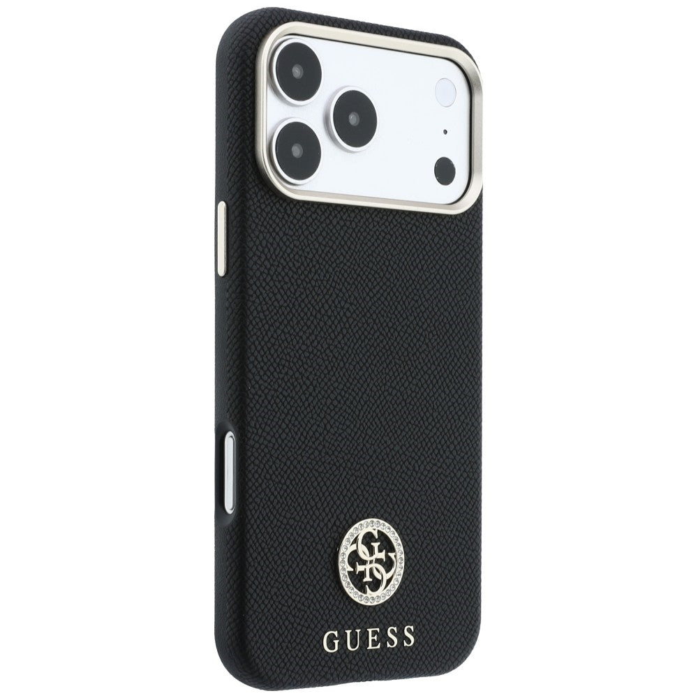 Husa MagSafe pentru Apple iPhone 18 Pro / 17 Pro, Guess, Grained Round Strass Logo, Neagra
