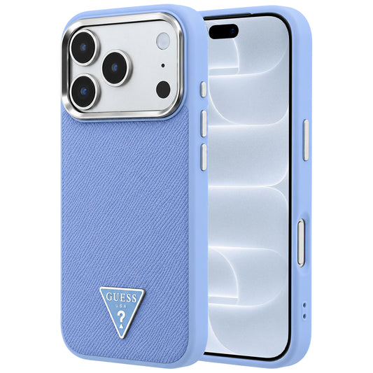Husa MagSafe pentru Apple iPhone 18 Pro / 17 Pro, Guess, Grained Triangle Logo, Bleu