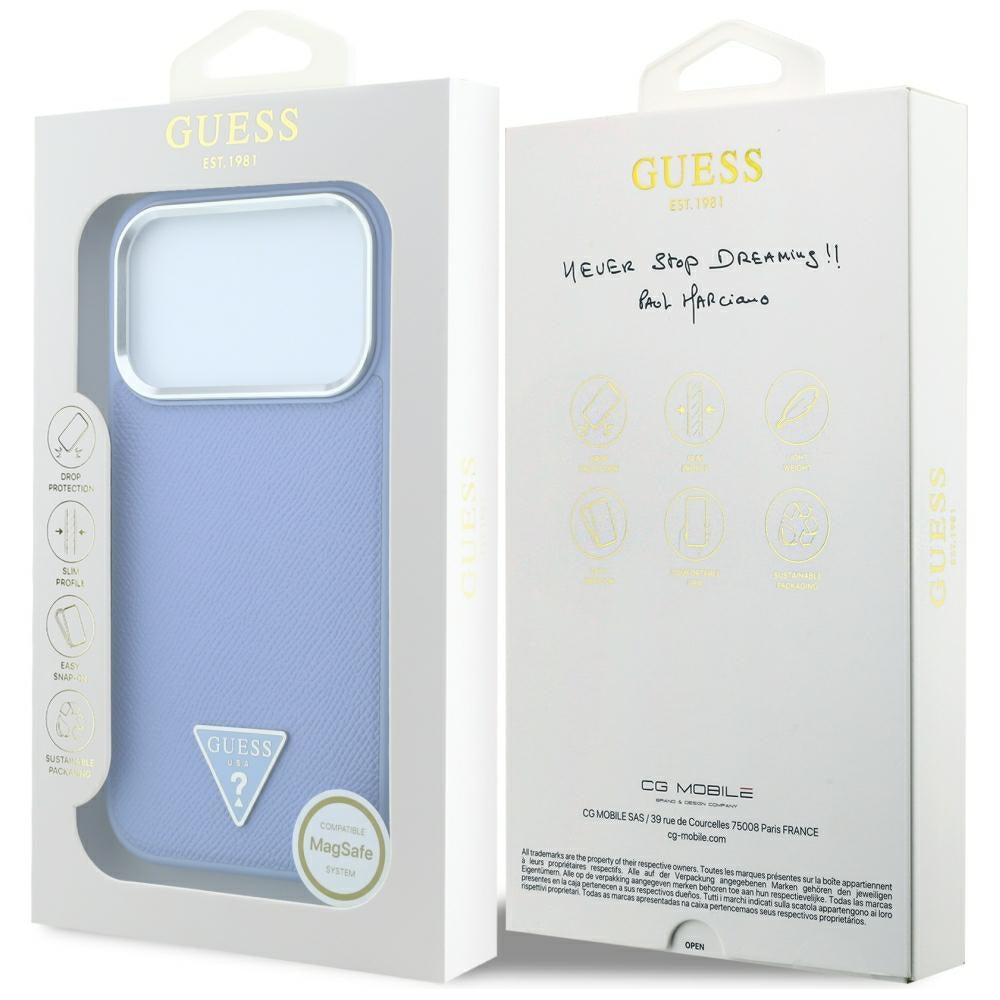 Husa MagSafe pentru Apple iPhone 18 Pro / 17 Pro, Guess, Grained Triangle Logo, Bleu