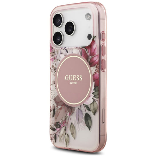Husa MagSafe pentru Apple iPhone 18 Pro / 17 Pro, Guess, IML Flower & Tonal Circle, Roz