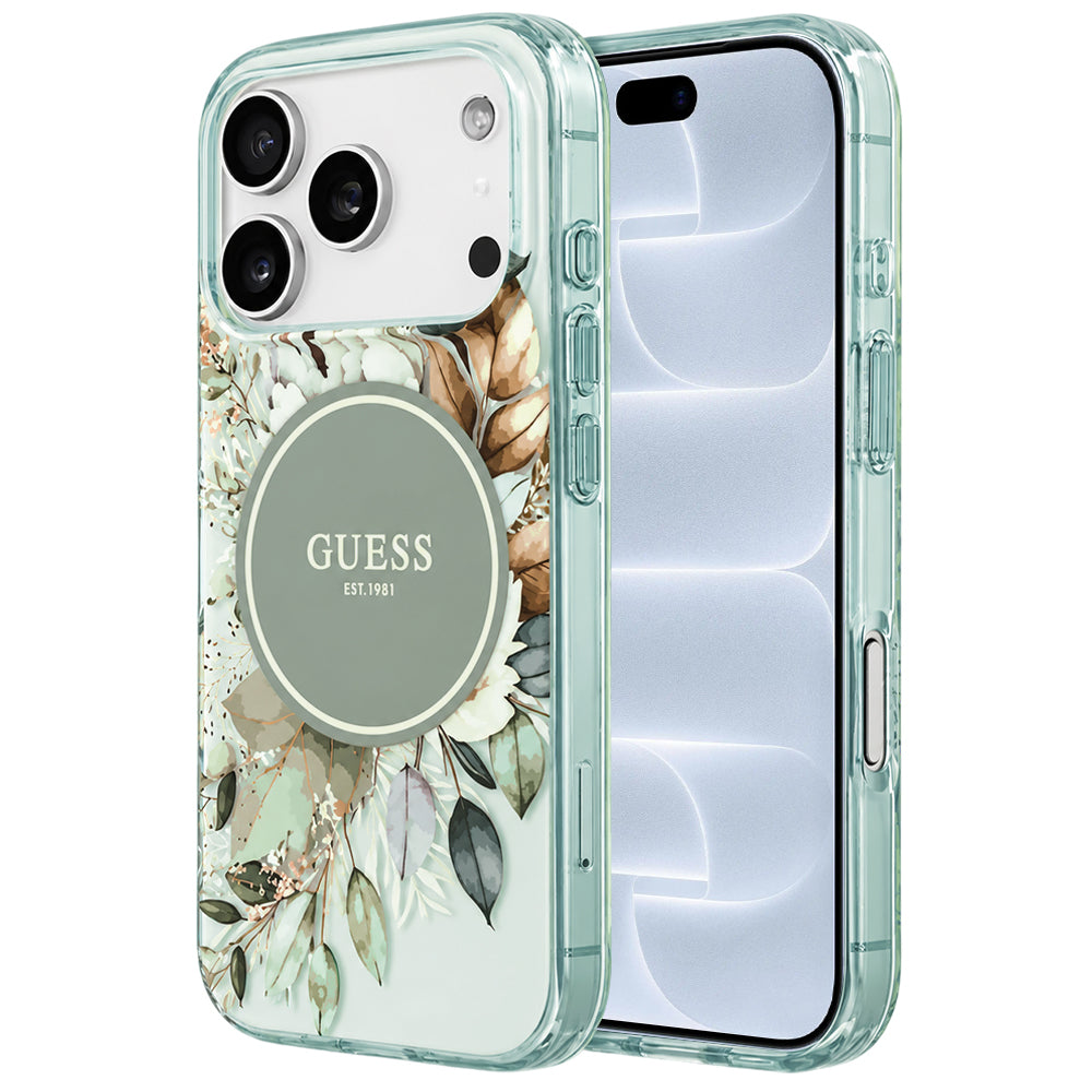 Husa MagSafe pentru Apple iPhone 18 Pro / 17 Pro, Guess, IML Flower & Tonal Circle, Verde