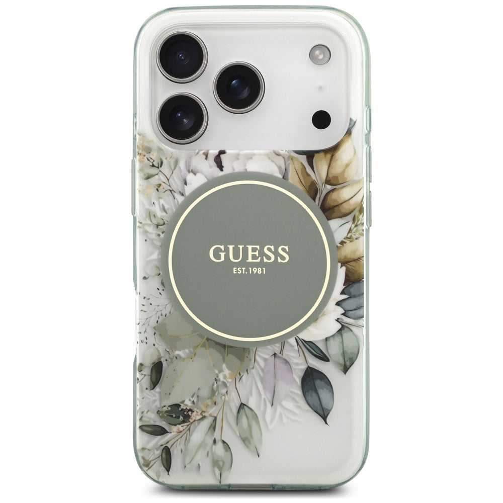 Husa MagSafe pentru Apple iPhone 18 Pro / 17 Pro, Guess, IML Flower & Tonal Circle, Verde