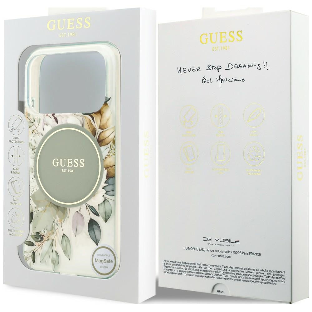 Husa MagSafe pentru Apple iPhone 18 Pro / 17 Pro, Guess, IML Flower & Tonal Circle, Verde