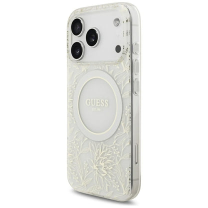 Husa MagSafe pentru Apple iPhone 18 Pro / 17 Pro, Guess, IML Flowers Electroplated with Pearl Strap, Alba