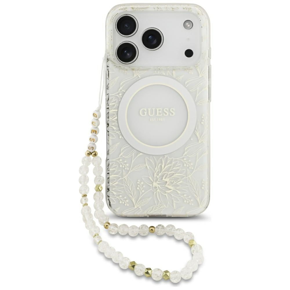 Husa MagSafe pentru Apple iPhone 18 Pro / 17 Pro, Guess, IML Flowers Electroplated with Pearl Strap, Alba