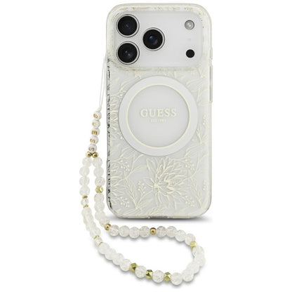 Husa MagSafe pentru Apple iPhone 18 Pro / 17 Pro, Guess, IML Flowers Electroplated with Pearl Strap, Alba