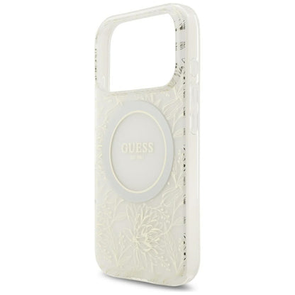 Husa MagSafe pentru Apple iPhone 18 Pro / 17 Pro, Guess, IML Flowers Electroplated with Pearl Strap, Alba