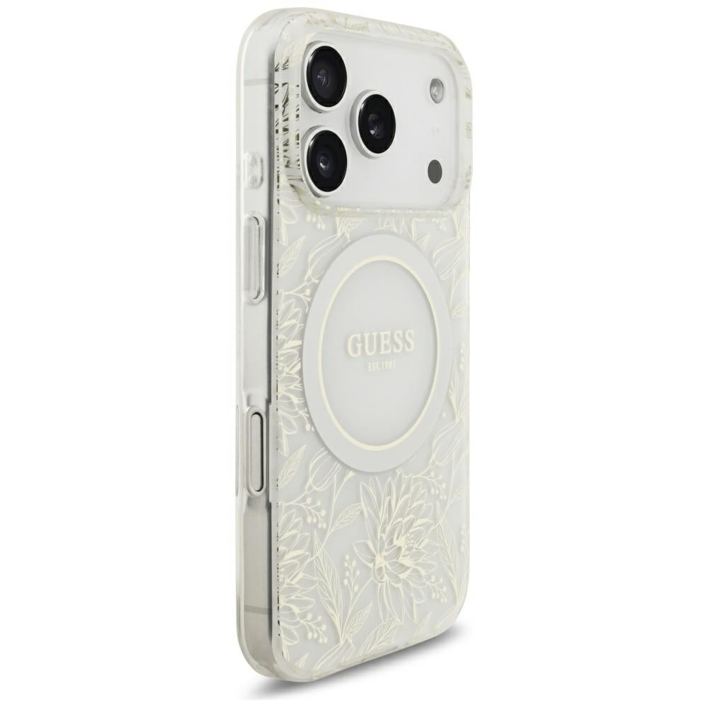 Husa MagSafe pentru Apple iPhone 18 Pro / 17 Pro, Guess, IML Flowers Electroplated with Pearl Strap, Alba