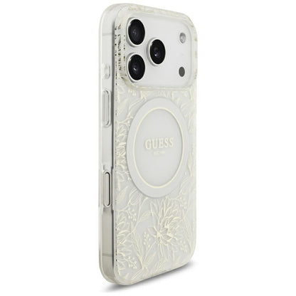 Husa MagSafe pentru Apple iPhone 18 Pro / 17 Pro, Guess, IML Flowers Electroplated with Pearl Strap, Alba