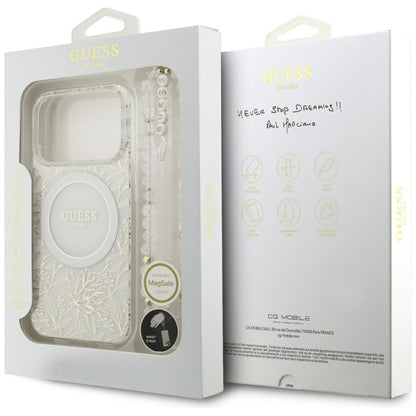 Husa MagSafe pentru Apple iPhone 18 Pro / 17 Pro, Guess, IML Flowers Electroplated with Pearl Strap, Alba
