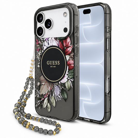 Husa MagSafe pentru Apple iPhone 18 Pro / 17 Pro, Guess, IML Flowers with Pearl Strap, Neagra